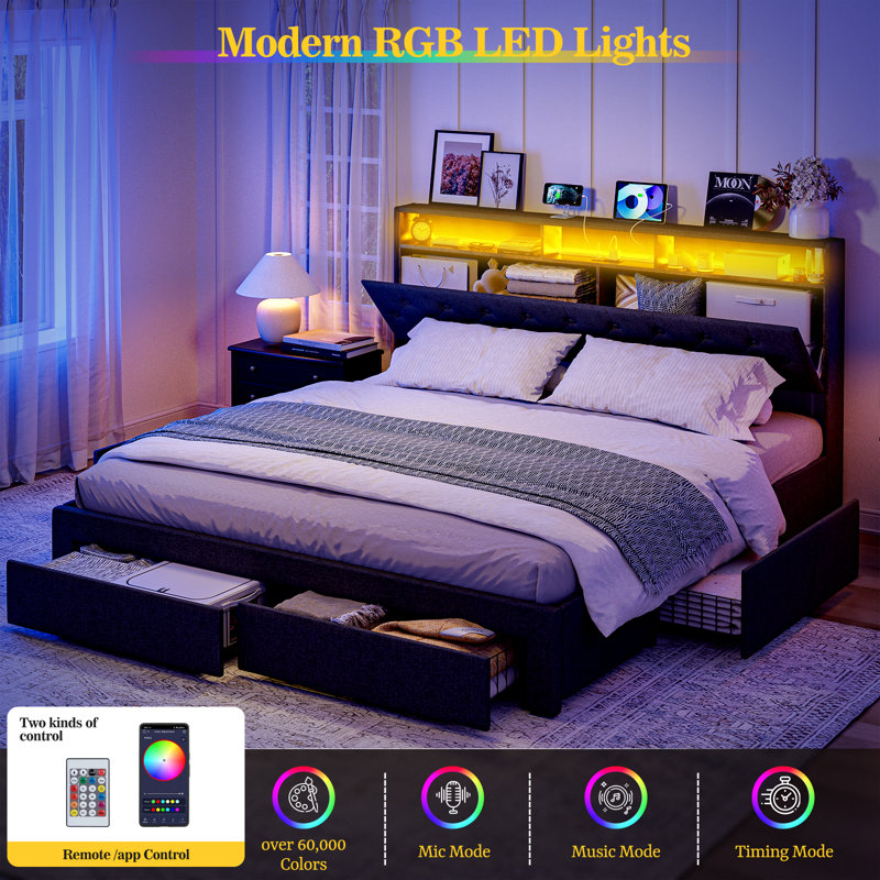  Bed Frame With Hidden Storage Headboard & Drawers, Upholstered Full Platform Bed With Led Lights, Type-C Charging Station, No Box Spring Needed, Solid Wood Slats