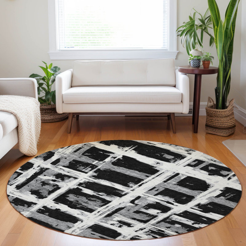 Premium Machine Washable Prisco Black Rug, Round 8'