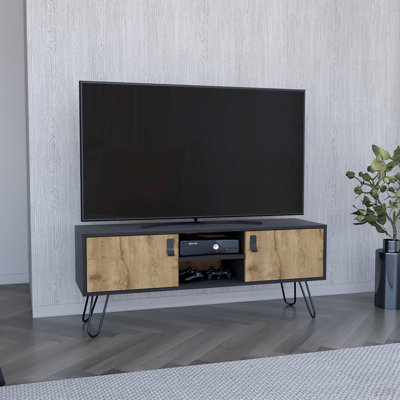 Meuble télé à deux tons avec 2 portes et tablettes ouvertes