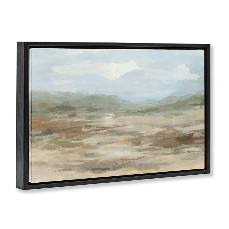 Cadre flottant à vue abstraite Desert Calm, conception par Hannah Dawson, Cadre flottant noir de jais, H 17 po x l 25 po