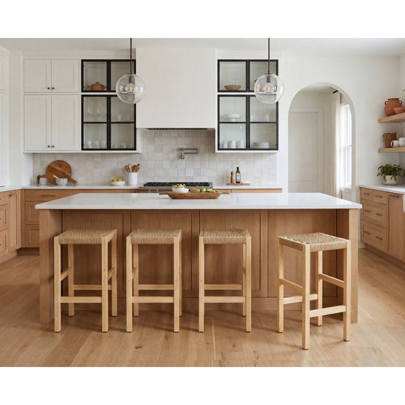 Modern Minimalist Woven Rope Bar Stools, Solid Wood Counter Stools, Armless Accent Chairs with Breathable Woven Seat, Multi-use Stool for Kitchen, Patio & Living Space