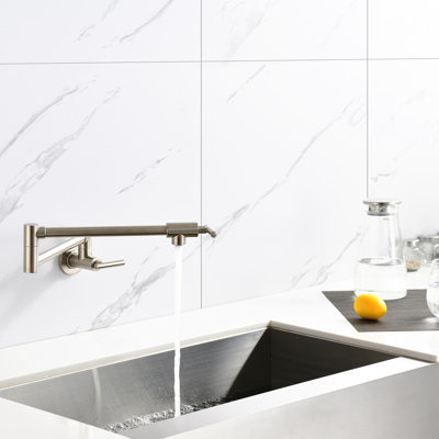 Brushed Nickel Pot Filler Faucet With Wall Mount And Folding Function - Arm For Convenient Use, Double Handles To Manage Water Flow, Corrosion Surface Treatment Design Effortless Filling, Control
