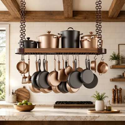 Grand support à casseroles suspendu de 48 pouces avec support pour casseroles et casseroles à capacité élevée de 130 lb avec support à casseroles et 20 crochets, cintres robustes pour la cuisine, noir mat