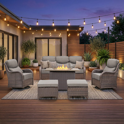 Prunier 6-Piece All-Weather Outdoor Conversation Set With 50,000 BTU Fire Pit Table, 3-Seat Sofa, Swivel Gliders & Ottomans, 6" Thick Cushions