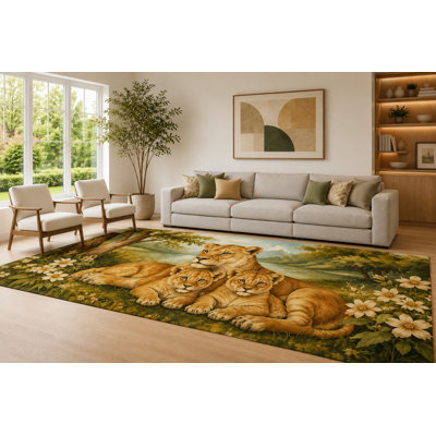 Large 6'7" x 9'10" Sage and Cream Lion Family Area Rug for Living Room, Soft Low Pile Carpet with Non-Slip Silicone Backing, Decor for Bedroom Dining Room and Home Office