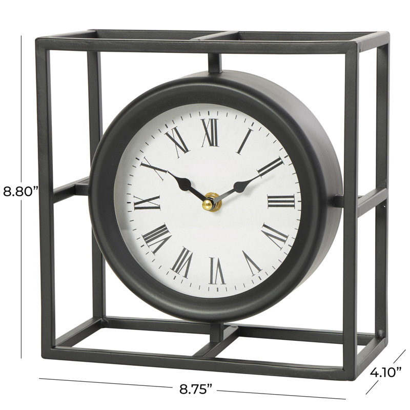 Metal Geometric Decorative Clock Mantel Clock With Open Square Frame, Tabletop Clock 9" X 4" X 9", Black