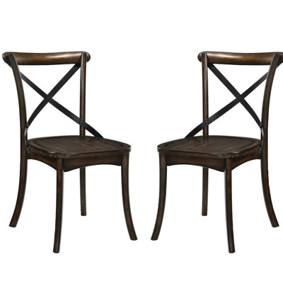 Deux chaises d'appoint en chêne foncé et à dossier croisé noir avec accents en métal en X, pieds en bois évasés pour la salle à manger, poids de 24 sièges pour 2 sièges, profondeur de 21 pouces, hauteur de 35