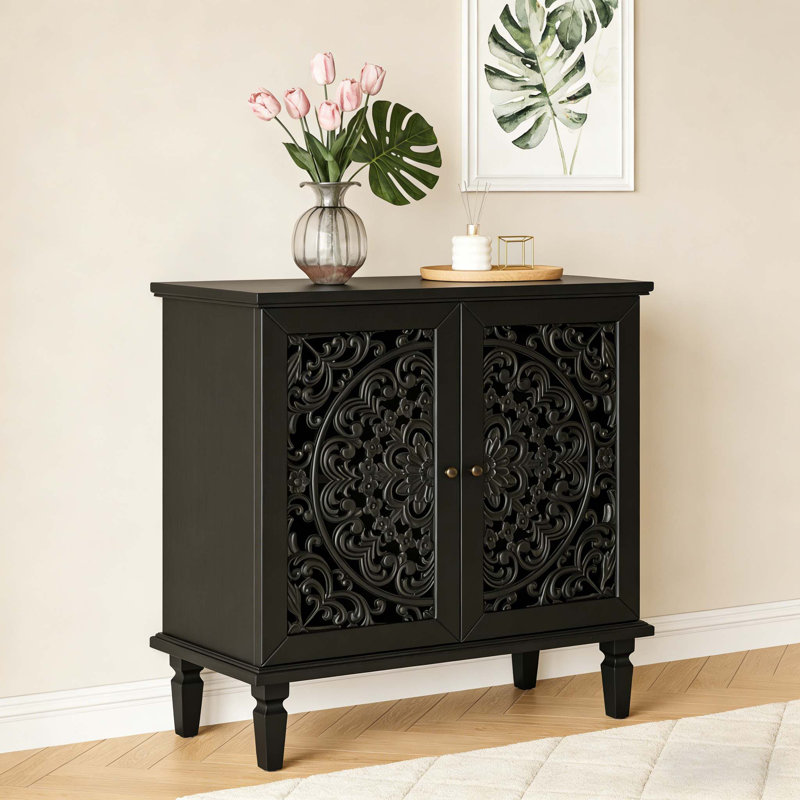 Buffet antique 2 portes avec sculptures florales, Noir