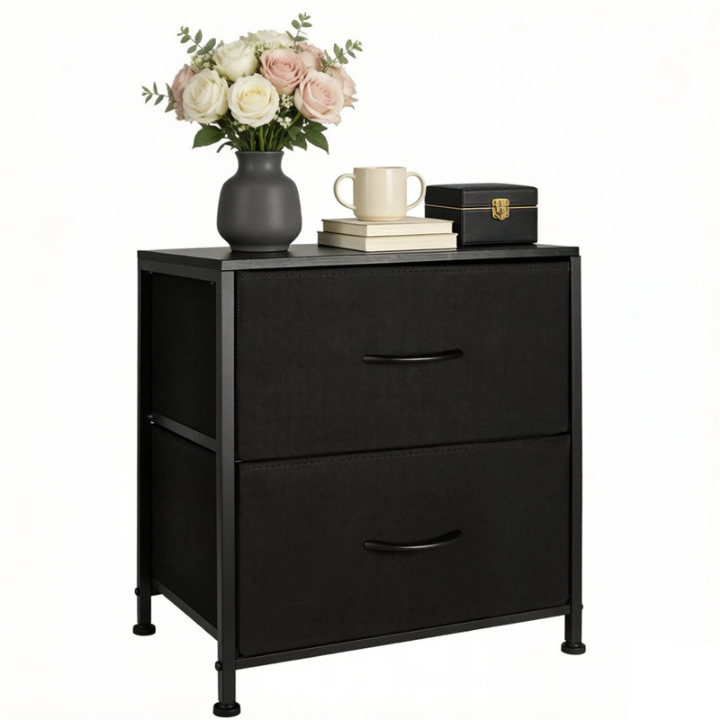 Steel Frame Wooden Top Nightstand with 2 Fabric Drawers
