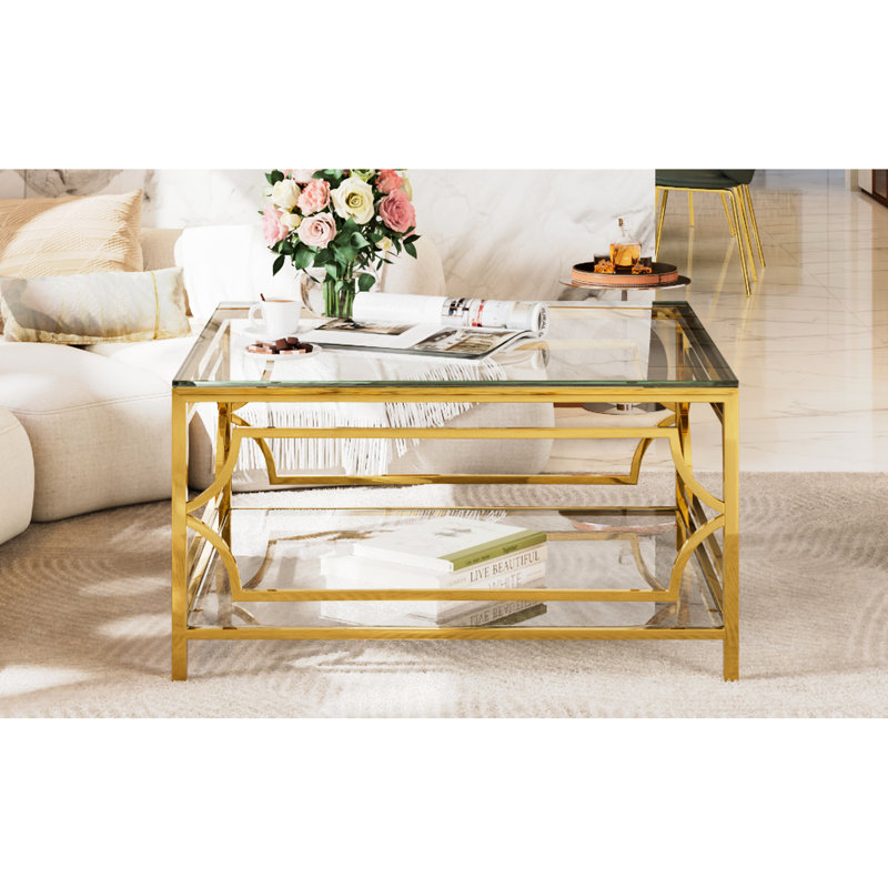 Table basse carrée en verre 33,5 po, structure en métal géométrique dorée, tablette inférieure pour ranger les magazines et les objets décoratifs