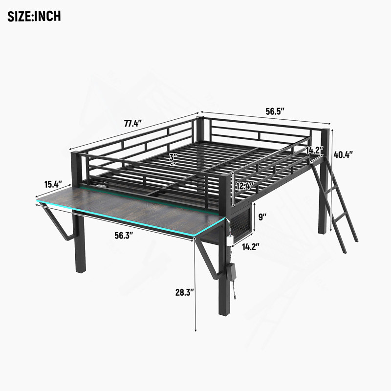 Lit mezzanine avec bureau Gaming, DEL, double, noir
