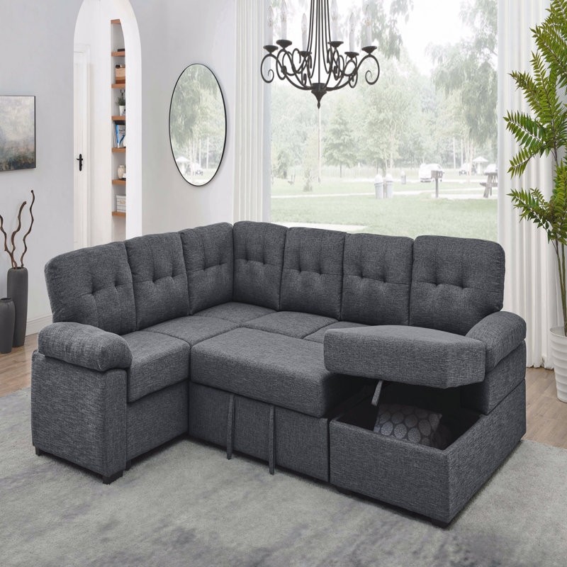 Canapé-lit modulaire en U en mélange de lin avec méridienne avec rangement