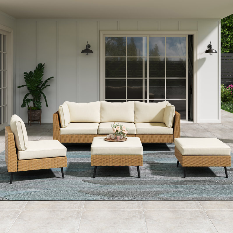 6 Pieces Sectional Seating Group With Cushions, White Cushion/Brown Frame
