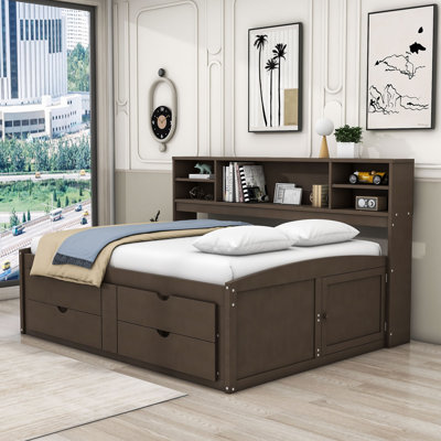 Full / Double Wooden Daybed with Drawers and Shelves