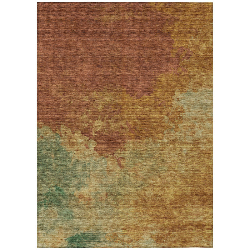 Tapis d'extérieur lavable abstrait 5 pi x 8 pi en cuivre et vert terre cuite