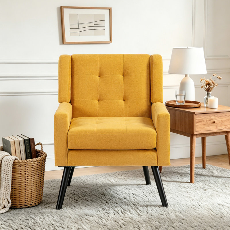 Tufted Upholstered Wide Back Armchair, Yellow Linen