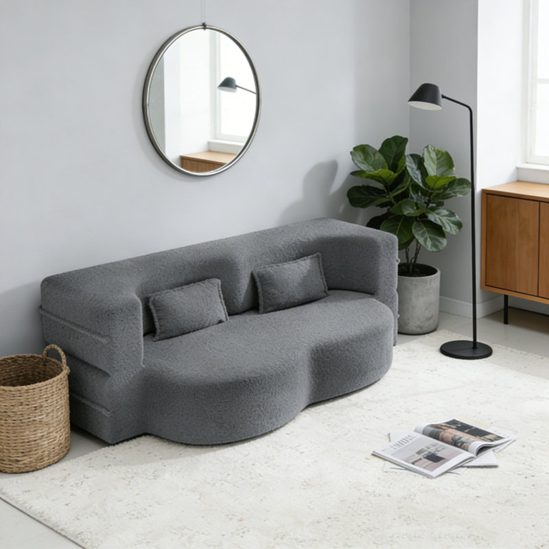 Modern Floor Sofa with 2 Pillows, Corduroy, LIGHT GREY