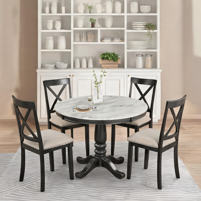 Ensemble de salle à manger rectangulaire 5 pièces avec chaises en bois massif, 4 places, plateau de table en bois aggloméré gris doux, style campagne moderne