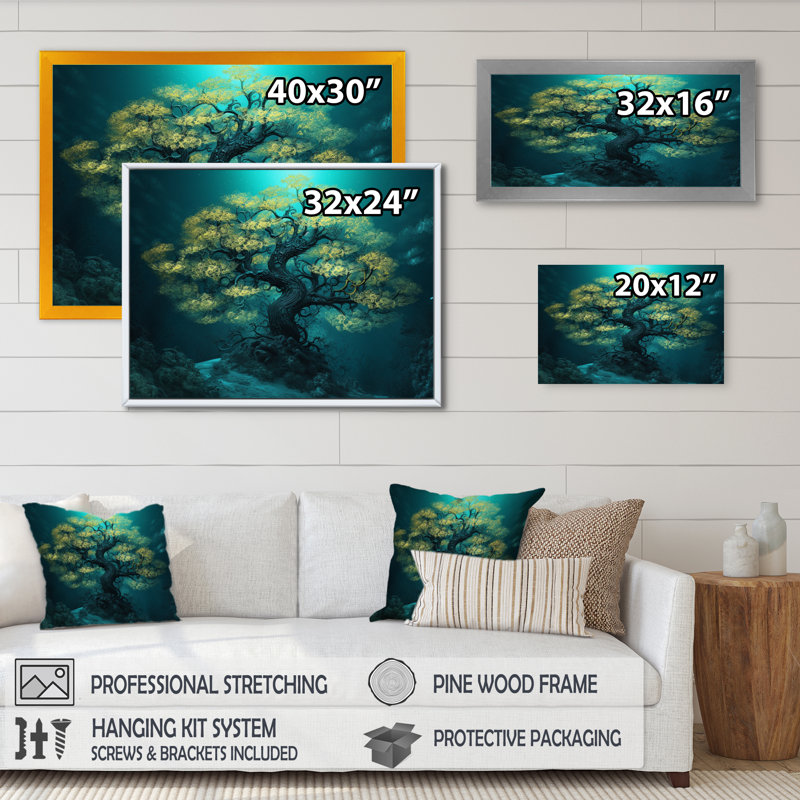 «Ruud Glowing Bonsai Tree I», reproduction sur toile, H 24 po x l 32 po x P 1 po, Cadre flottant doré
