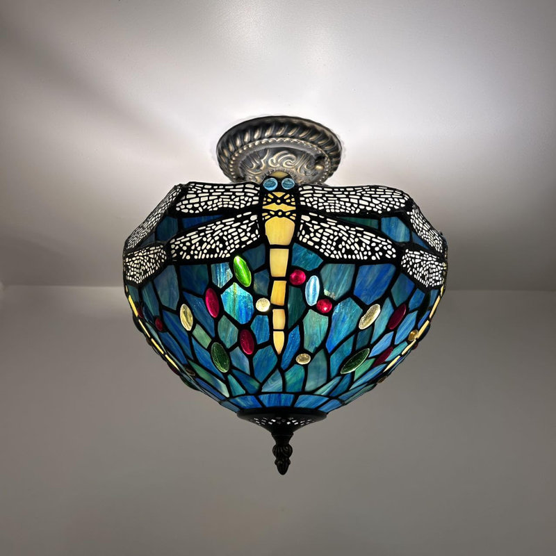 Tiffany Glass Flush Mount, Green/Blue
