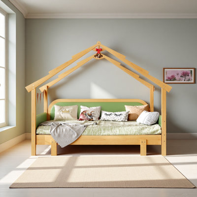 Twin Size Wood Treehouse Bed With Soft Cushion Rails,For Kids, Teens, Girls, Boys