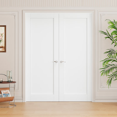 Interior 1-Panel Solid Core Door, CARB P2 Certified MDF Double French Doors, Includes Satin Nickel Hardware-Privacy Door Lever with Lock, Latch & Hinges, Pre‑Finished & Waterproof, Pantry, Bedroom, Bathroom & Closet, Easy DIY Stain, 64"x 80"