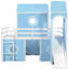Lit mezzanine bleu avec glissade, tente rose et tour - construction en bois de pin massif, conception de fenêtre semblable, rangement supplémentaire en dessous avec pin, trois styles d'installation, dessous