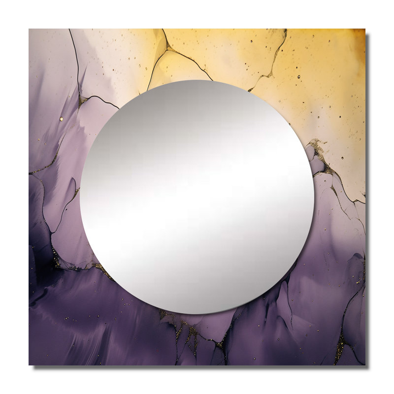 Eichi - Grand miroir mural carré en forme de nuage encre mauve et fractale or et fractales, 36 po x 36 po