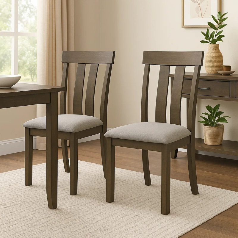 Ensemble de 2 chaises de salle à manger Omal, dossier à lattes en bois brun, siège en tissu gris