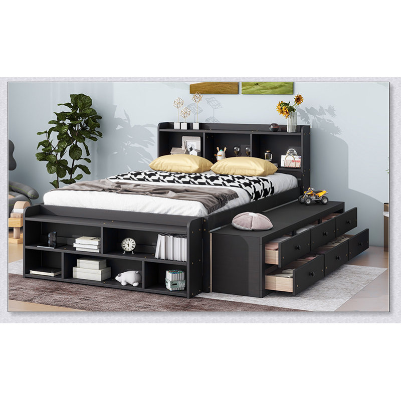 Bed With Side Bookcase, Drawers, Espresso