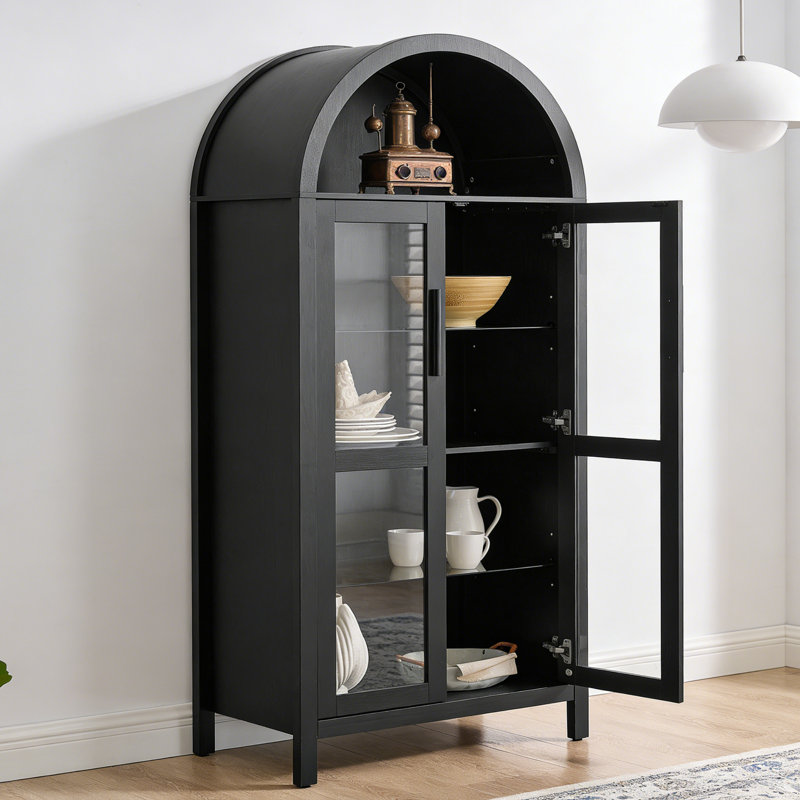 Modern Retro Arched Storage Cabinet with Integrated Lighting & Adjustable Glass Shelves – Multi-Functional Display Cabinet for Kitchen or Living Room