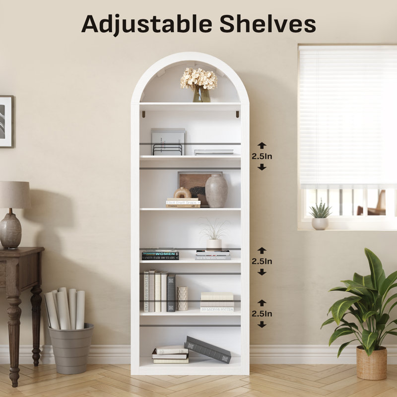 75.2" Tall Arched Bookshelf, 6-Tier Modern Bookcase, Freestanding Curved Etagere Display Rack For Living Room, Home Office, White