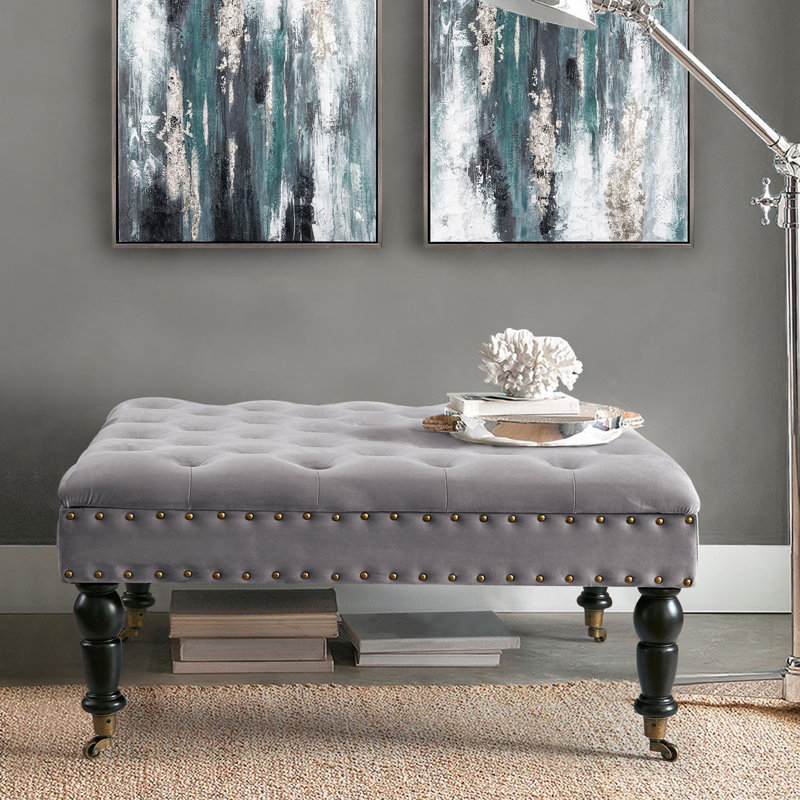 Leni 33" Velvet Square Tufted Cocktail Ottoman, Silver 
