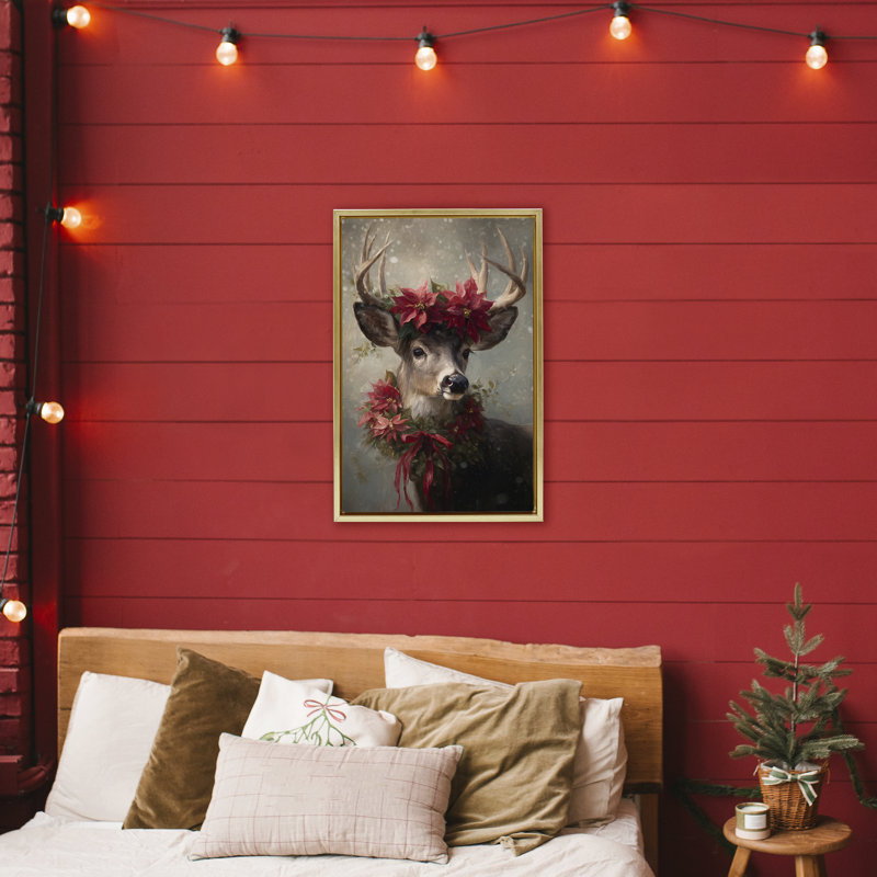 Cadre flottant Poinsettia Christmas Deer, design par Tina LeCour, H 31 po x l 21 po, Cadre flottant métallique doré