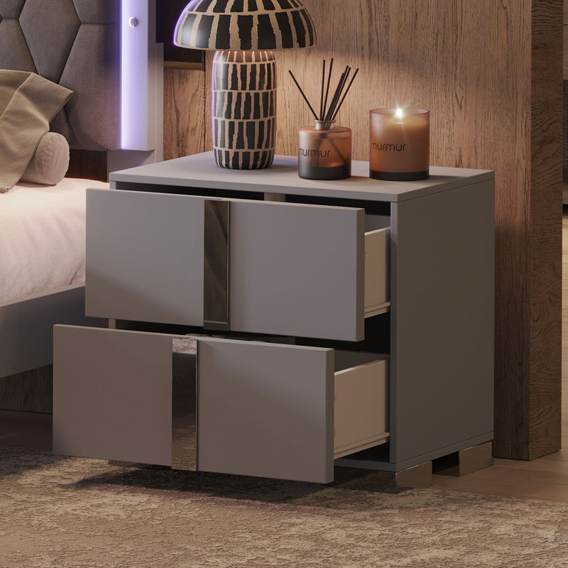 Table de chevet élégante, poignée en métal, miroir, 2 tiroirs, gris, Gris