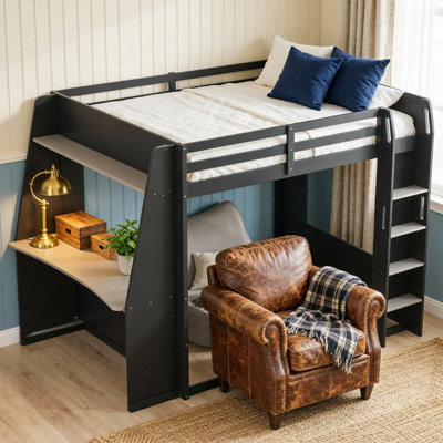 Queen Size Wooden Gaming Bunk Bed with Desk,Two Storage Shelves,USB and LED Light