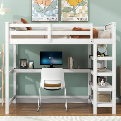 Lit mezzanine double blanc avec bureau et tablettes pour plus de rangement - espace