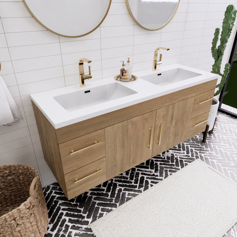 Ensemble de meuble-lavabo double 60 po Tenshi, Chêne et teck