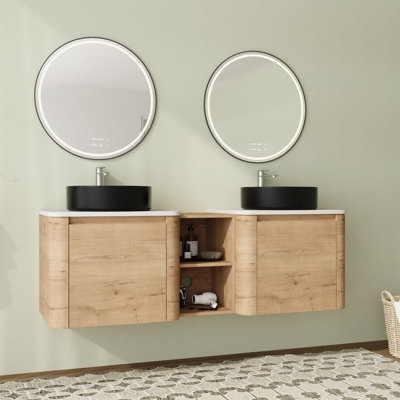 Meuble-lavabo flottant mural 60 po avec comptoir en quartz et portes et tablettes de rangement à fermeture en douceur
