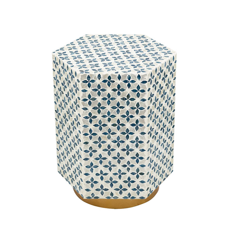 15x13x18.5" Hexagonal Accent Table with Blue Capiz Design and Gold Base