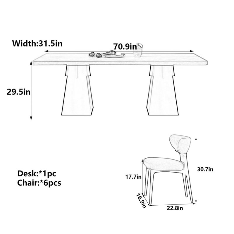 Wabi-Sabi Black Wood & Sintered Stone Table, 7 pièces : table, 6 chaises, 29.5" H x 70.9" W x 31.5" D