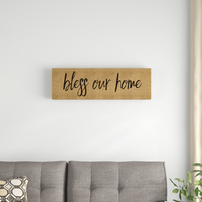 «Bless Our Home Burlap Long» par Macree Duggar, reproduction d'art textuel sur toile, H 6 po x l 19 po x P 2 po