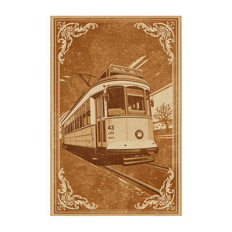 Machine Washable Vehicles And Transportation Streetcar Tram Vintage Vintage Look Rug in Brown – LightBrown Binding, 2x5