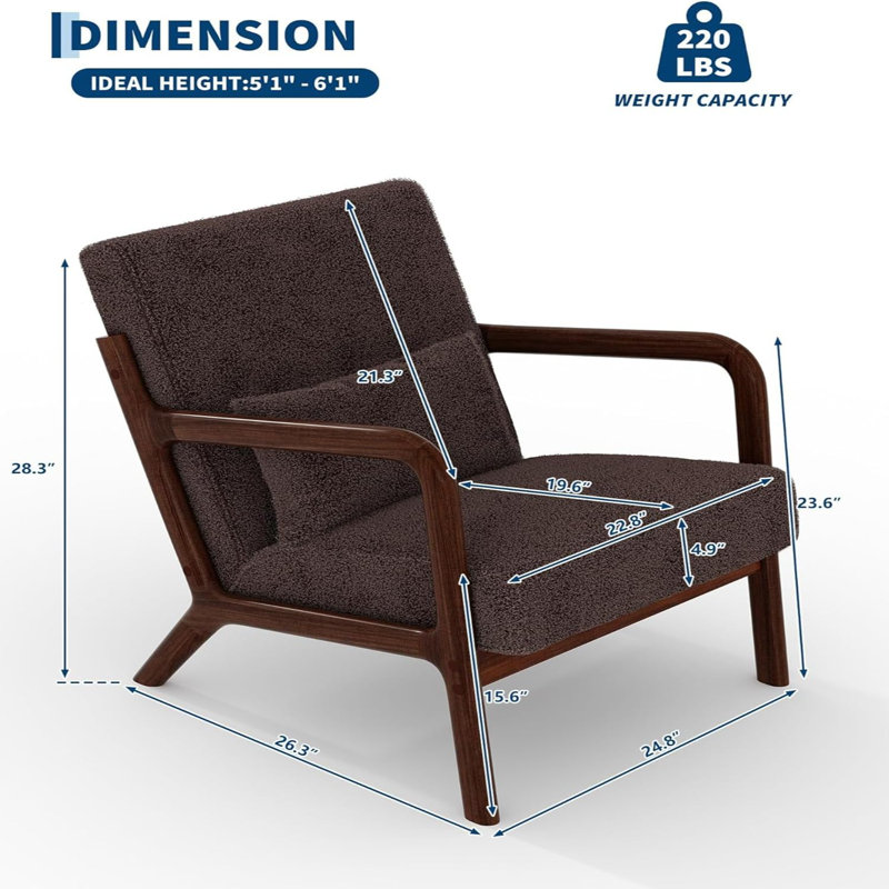 Chaise d'appoint Mid-Century moderne, accoudoirs courbés en bois, structure en noyer robuste, coussin à haute densité