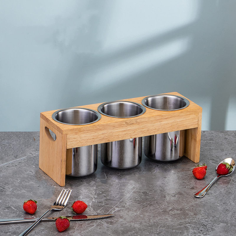 Ensemble de 3 porte-couverts, organisateur d'ustensiles en acier inoxydable avec base en bois, panier à couverts pour cuillères, couteaux et fourchettes, idéal pour la table de cuisine, l'armoire, le garde-manger