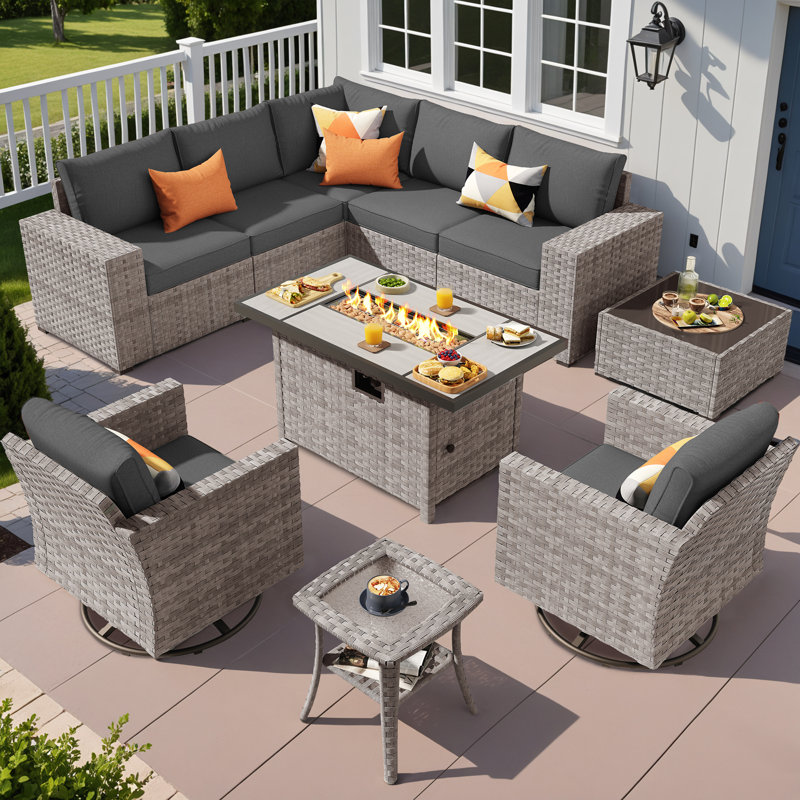 7 - Person Patio Furniture Set with Swivel Rocker, Outdoor Wicker Rattan Sectional Seating Group with Cushions, All Weather Sofa Conversation Set with Fire Pit Table for Garden Backyard