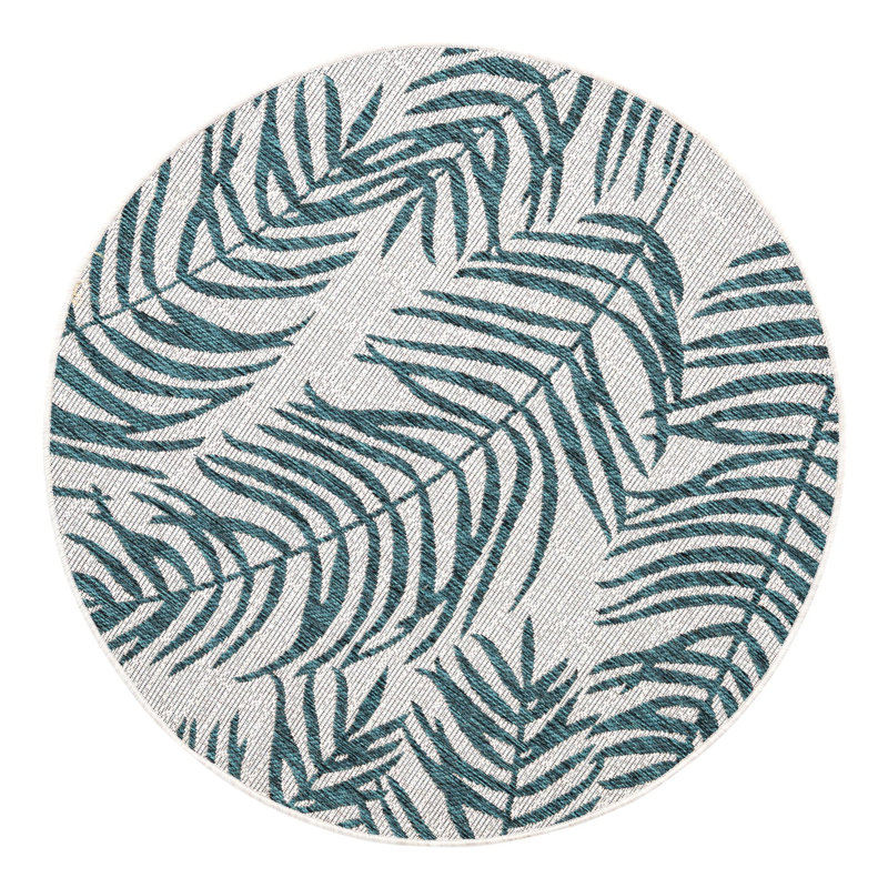 Tapis intérieur / extérieur bleu clair / blanc en polypropylène tissé à la machine Rowdy, Rond 4 pi