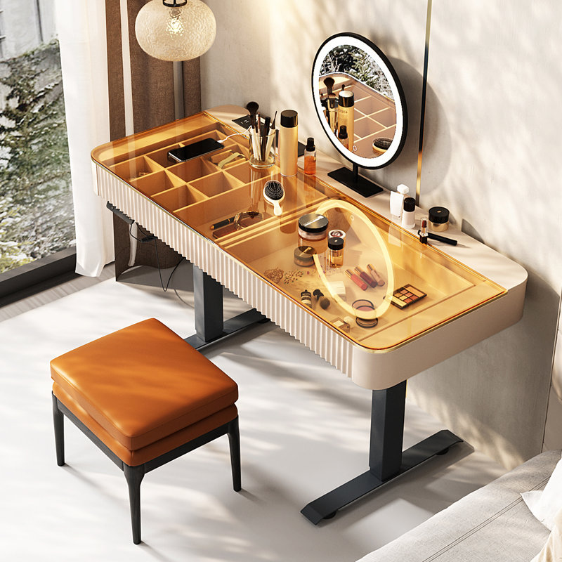 Dressing Table with Mirror, 53.1” W x 23“ D x 29.5” H, Black/Pale Pink