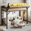Lit mezzanine simple en métal avec tablettes de rangement, panneau perforé, ports USB et lumières DEL