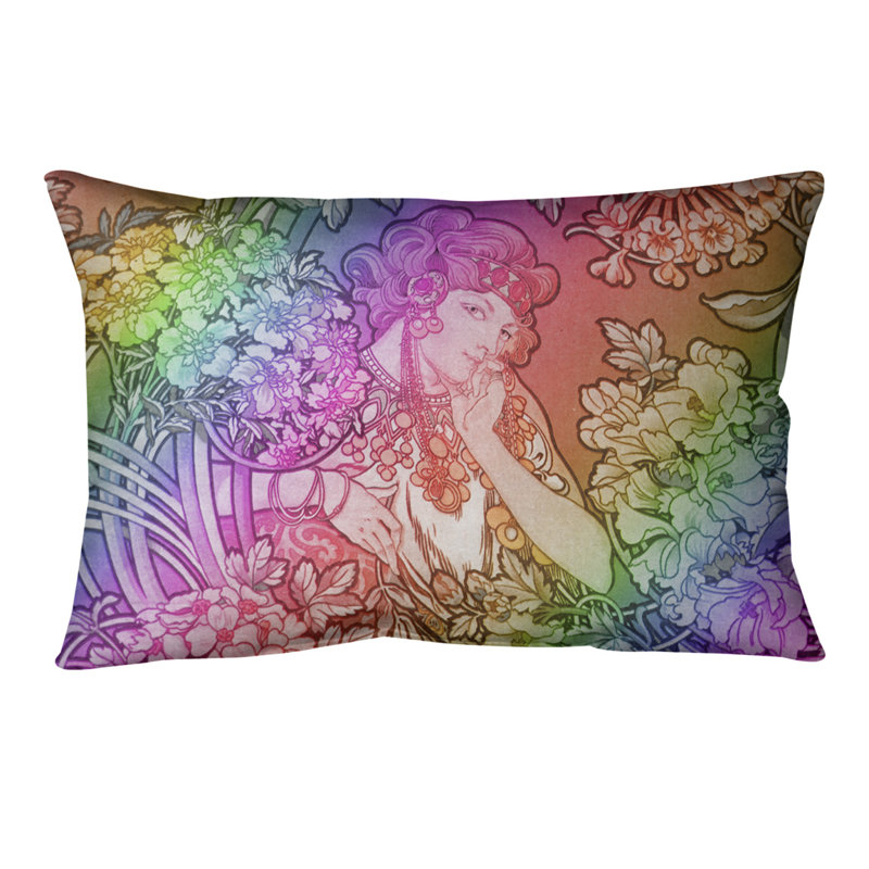 Coussin lombaire à fleurs alphonse mucha, Arc-en-ciel, Polyester filé
